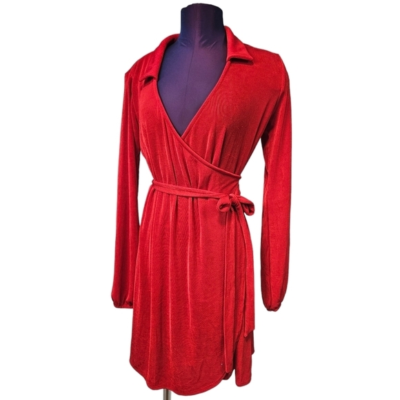 Wild Fable Red Faux Wrap Long Balloon Sleeve Dress Size Medium Women's - Picture 10 of 10